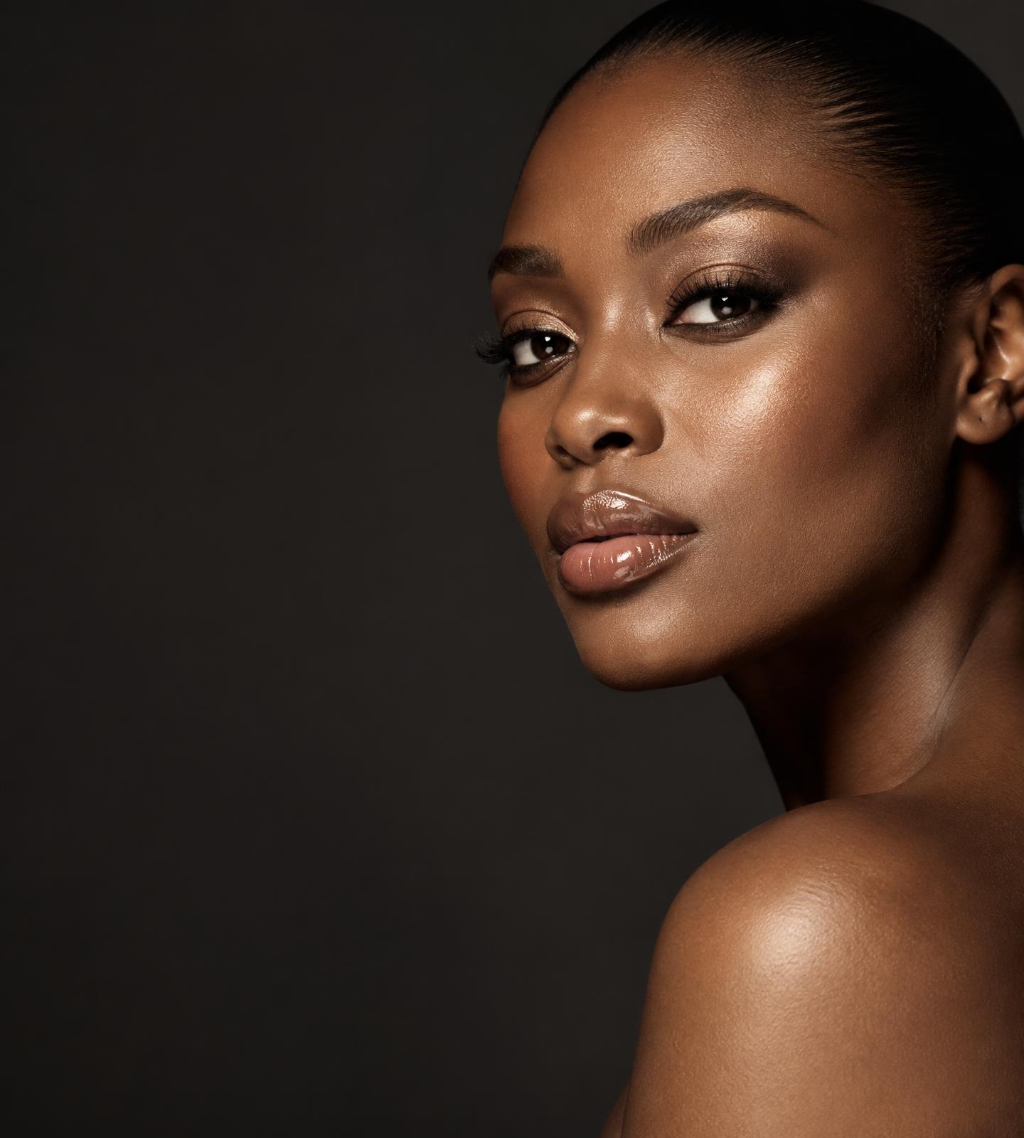 Editorial inspiration portrait with luminous makeup; not Belle Visage client work